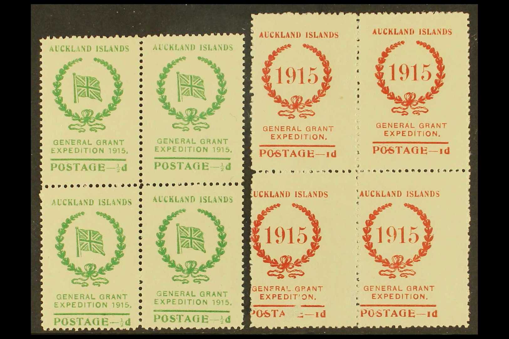 7236 AUCKLAND ISLANDS 1915 ½d Green & 1d Red General Grant Expedition Local Stamps, Never Hinged Mint BLOCKS Of 4, One 1 - Other & Unclassified