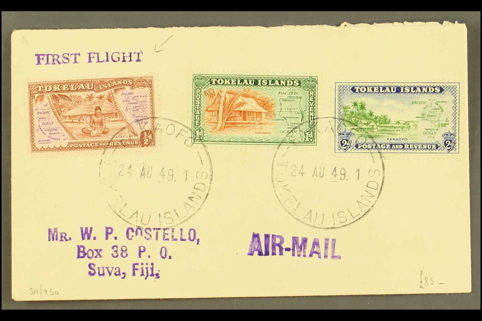 7244 TOKELAU 1949 (Aug) Neat Envelope Bearing 1948 Pictorial Set, SG 1/3, Tied By Fakaofo Cds's, And Violet "First Fligh - Other & Unclassified