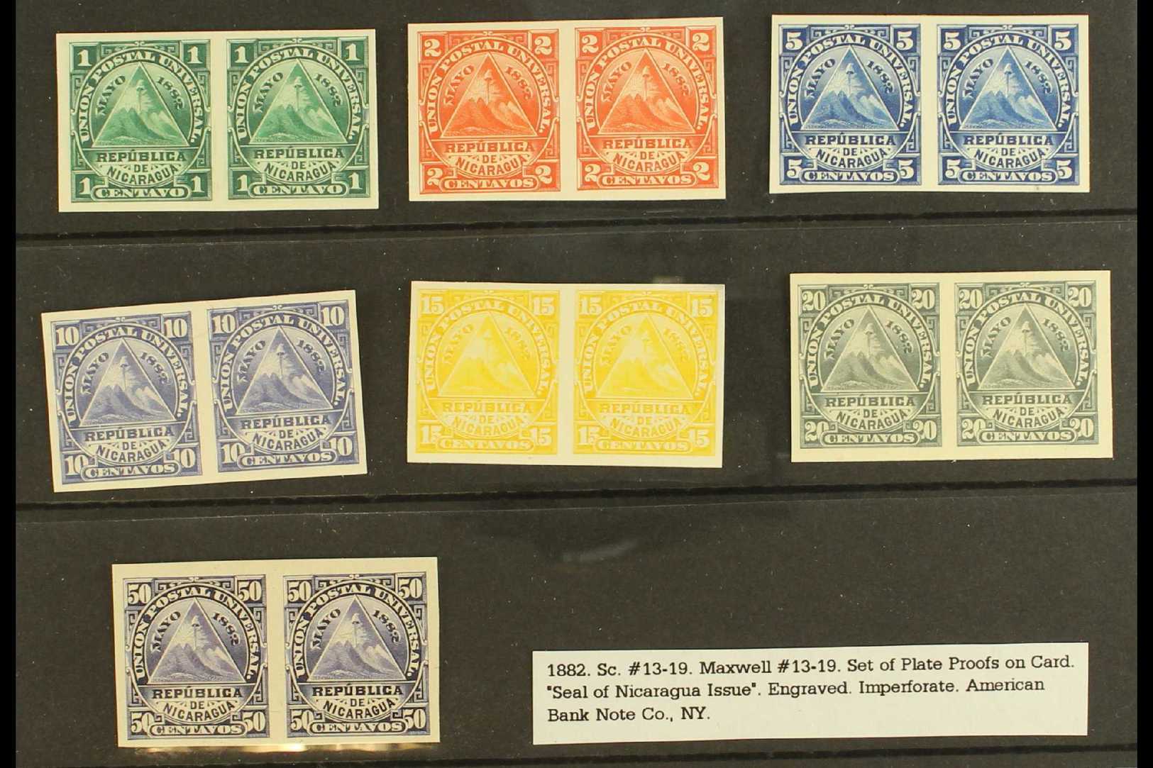 7249 1882 "Seal Of Nicaragua" Complete Set (Sc 13/19, SG 20/26) Plate Proof IMPERF HORIZ PAIRS On Card, Very Fine. (7 Pr - Nicaragua