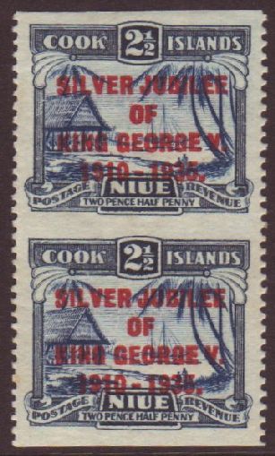 7276 1935 2½d Dull And Deep Blue Silver Jubilee Opt, SG 70, Vertical Pair, IMPERF Horizontally,  From A Proof Sheet (see - Niue