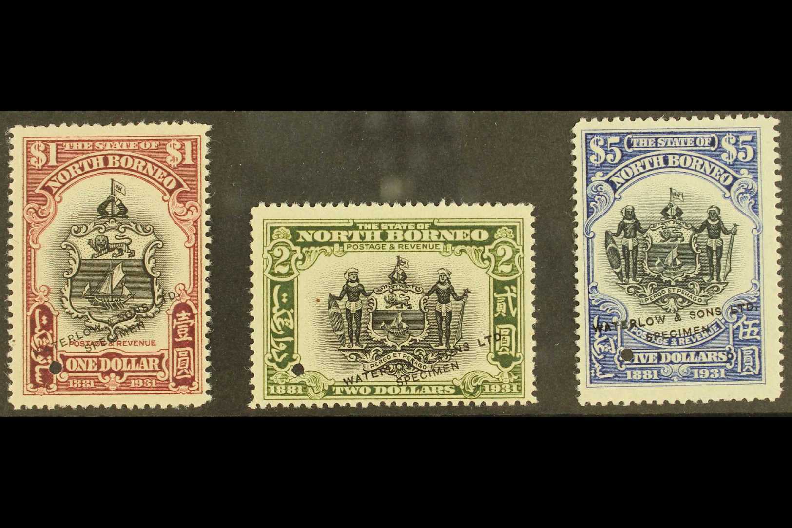 7291 1931 $1, $2 & $5 BNBC Coat Of Arms Stamps In SAMPLE TRIAL COLOURS With Centers In Black And Frames In Unissued Purp - North Borneo (...-1963)