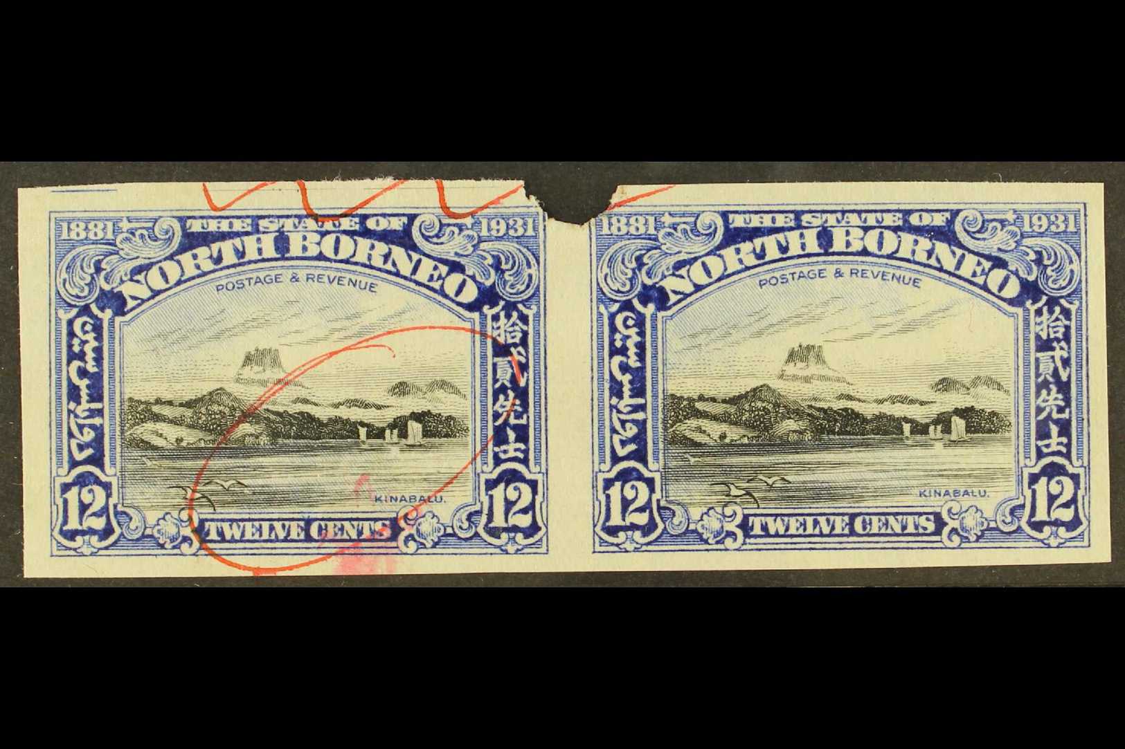 7300 1931 IMPERF PLATE PROOFS. 1931 12c Black & Ultramarine 'Mount Kinabalu' (SG 298) Horizontal IMPERF PLATE PROOF PAIR - North Borneo (...-1963)