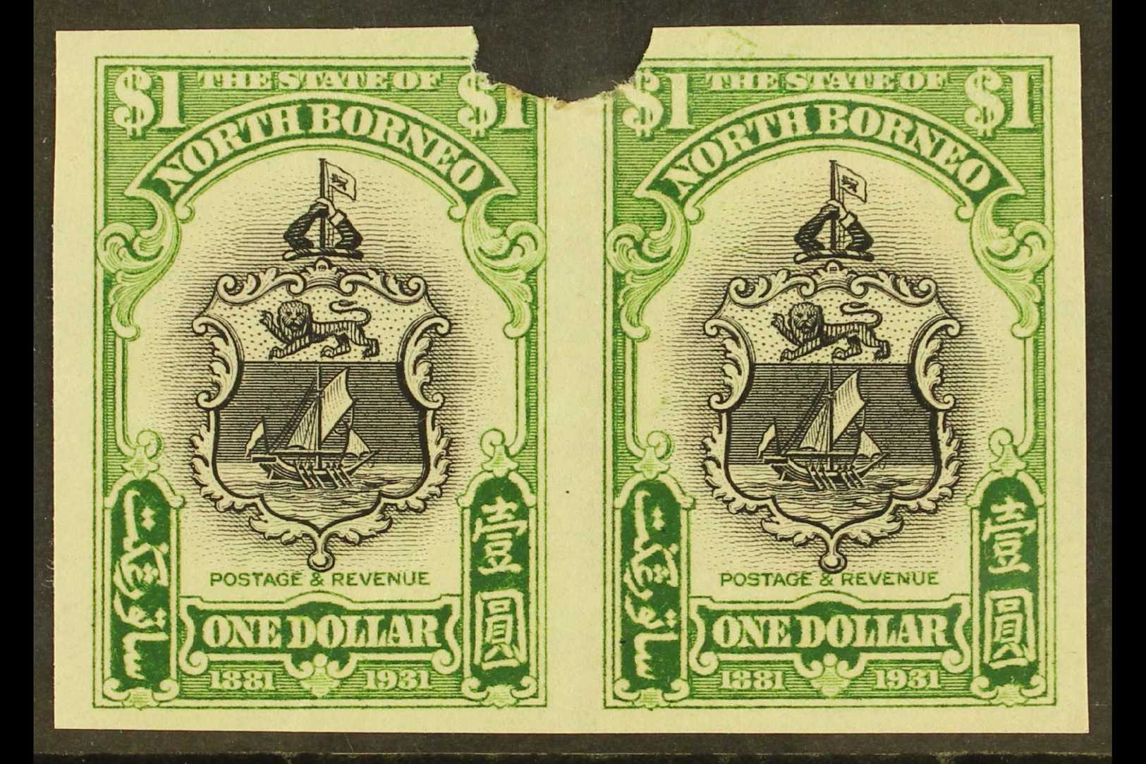 7301 1931 IMPERF PLATE PROOFS. 1931 $1 Black & Yellow-green 'Badge Of The Company' (SG 300) Horizontal IMPERF PLATE PROO - North Borneo (...-1963)