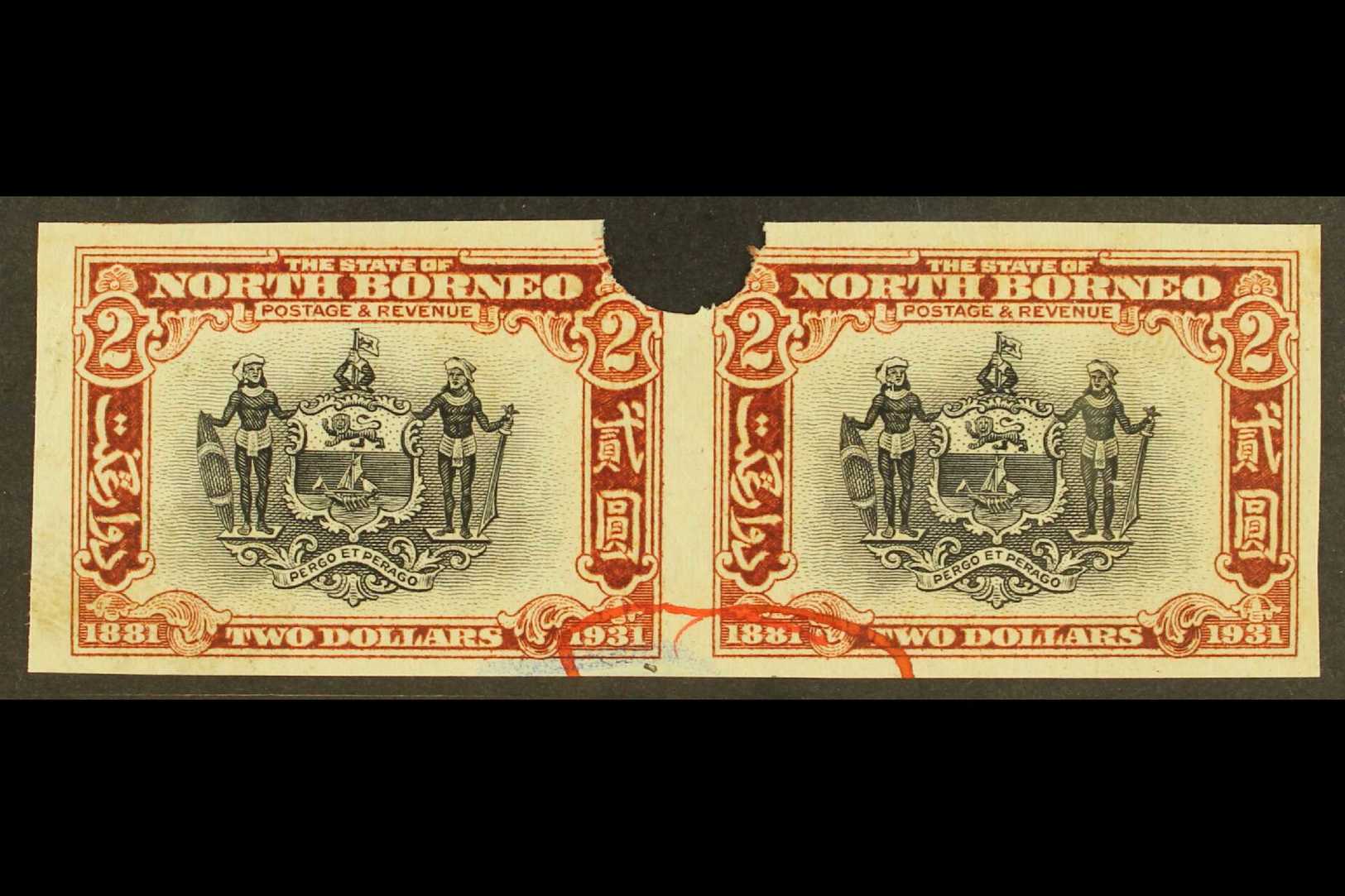 7302 1931 IMPERF PLATE PROOFS. 1931 $2 Black & Chestnut 'Arms Of The Company' (SG 301) Horizontal IMPERF PLATE PROOF PAI - North Borneo (...-1963)