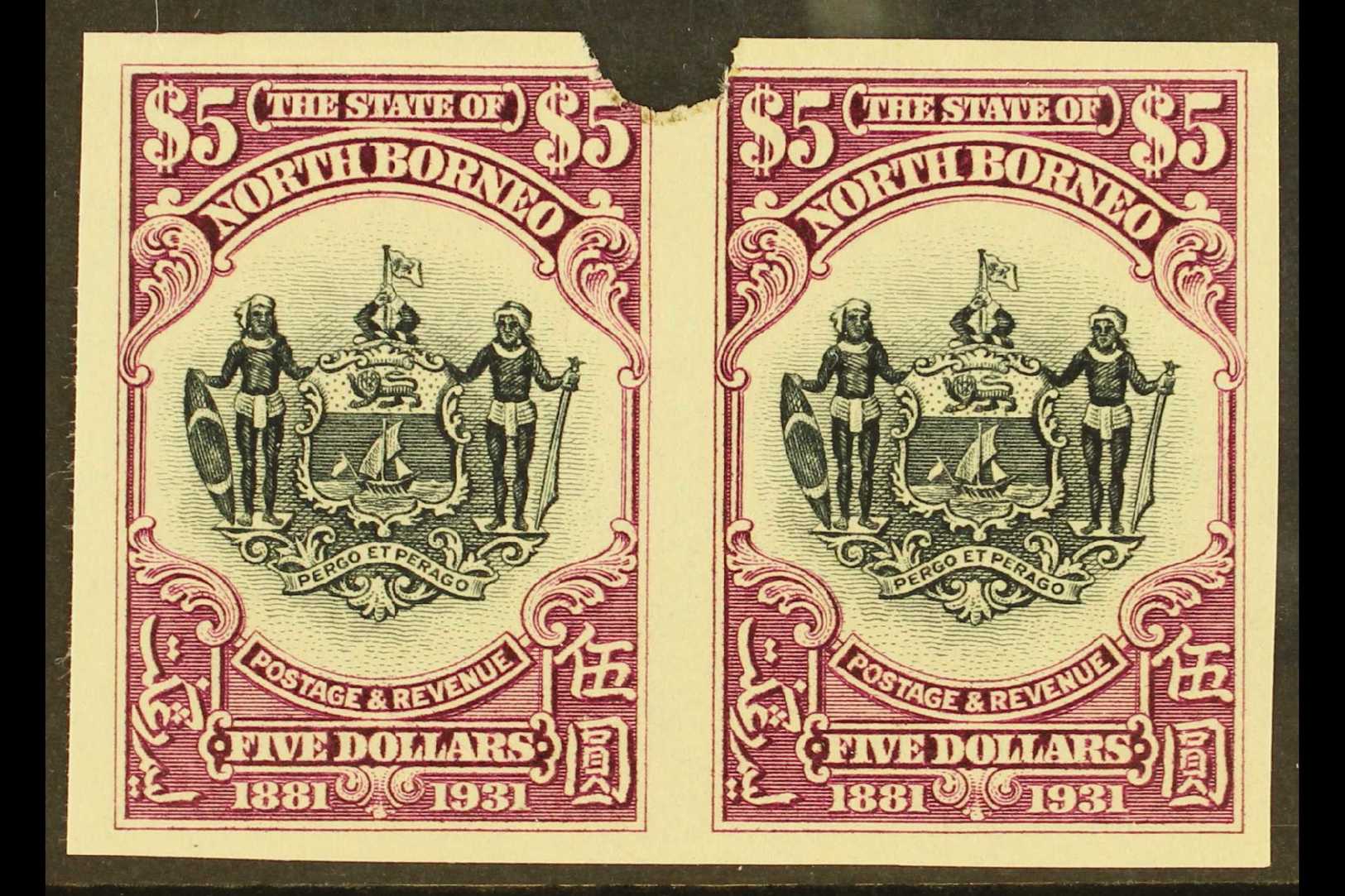 7303 1931 IMPERF PLATE PROOFS. 1931 $5 Black & Purple 'Arms Of The Company' (SG 302) Horizontal IMPERF PLATE PROOF PAIR - North Borneo (...-1963)