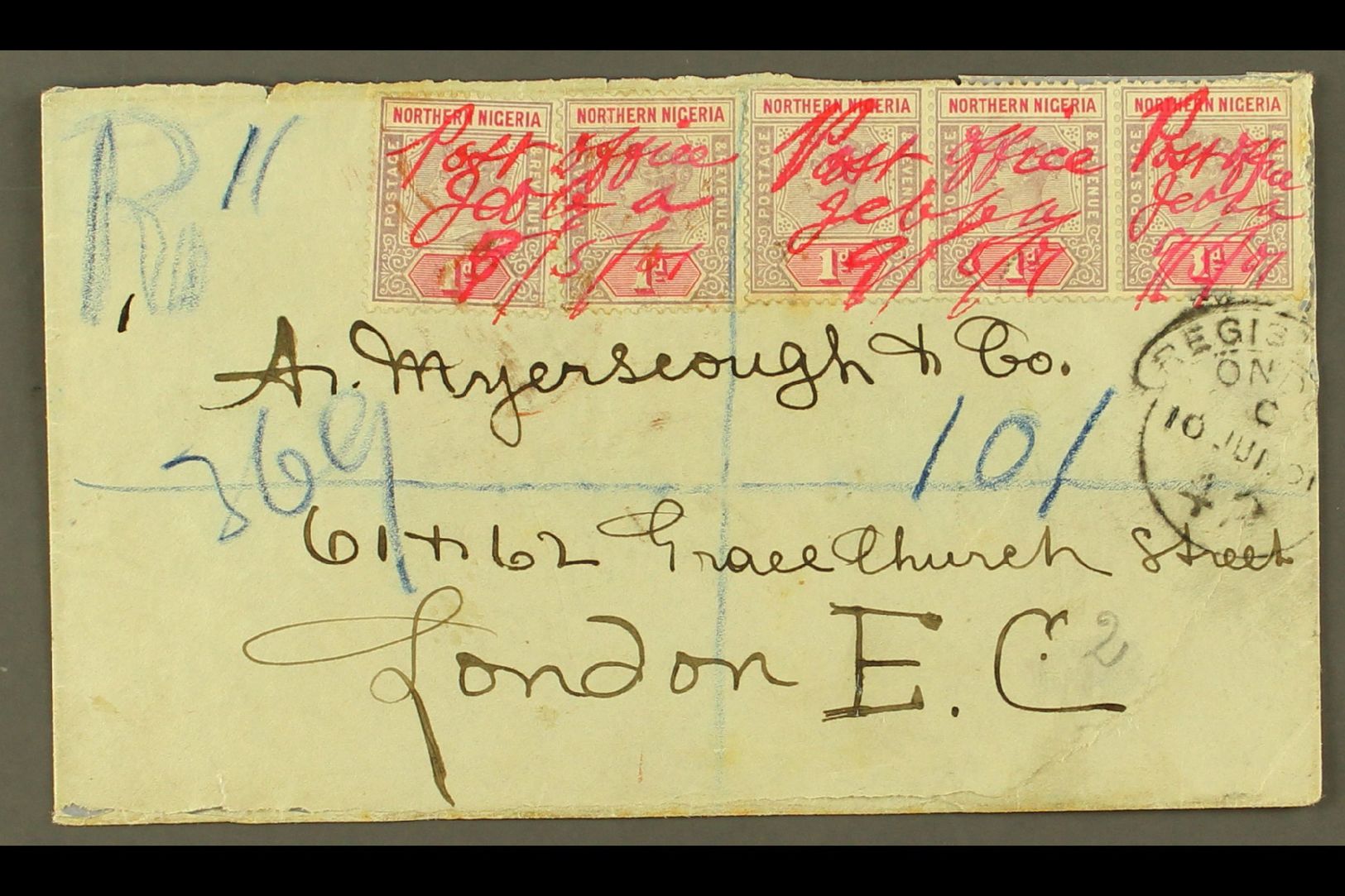 7313 1901 "POST OFFICE JEBBA" MANUSCRIPT CANCELS ON REGISTERED COVER (9th May) Envelope Registered To London, Bearing 1d - Nigeria (...-1960)