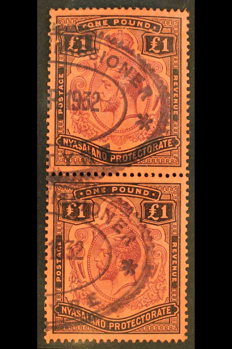 7328 1913-21 £1 Purple & Black On Red, Vertical Pair, BROKEN LEAF At Lower Right (not The Listed Variety, SG 98f), Wmk M - Nyasaland (1907-1953)