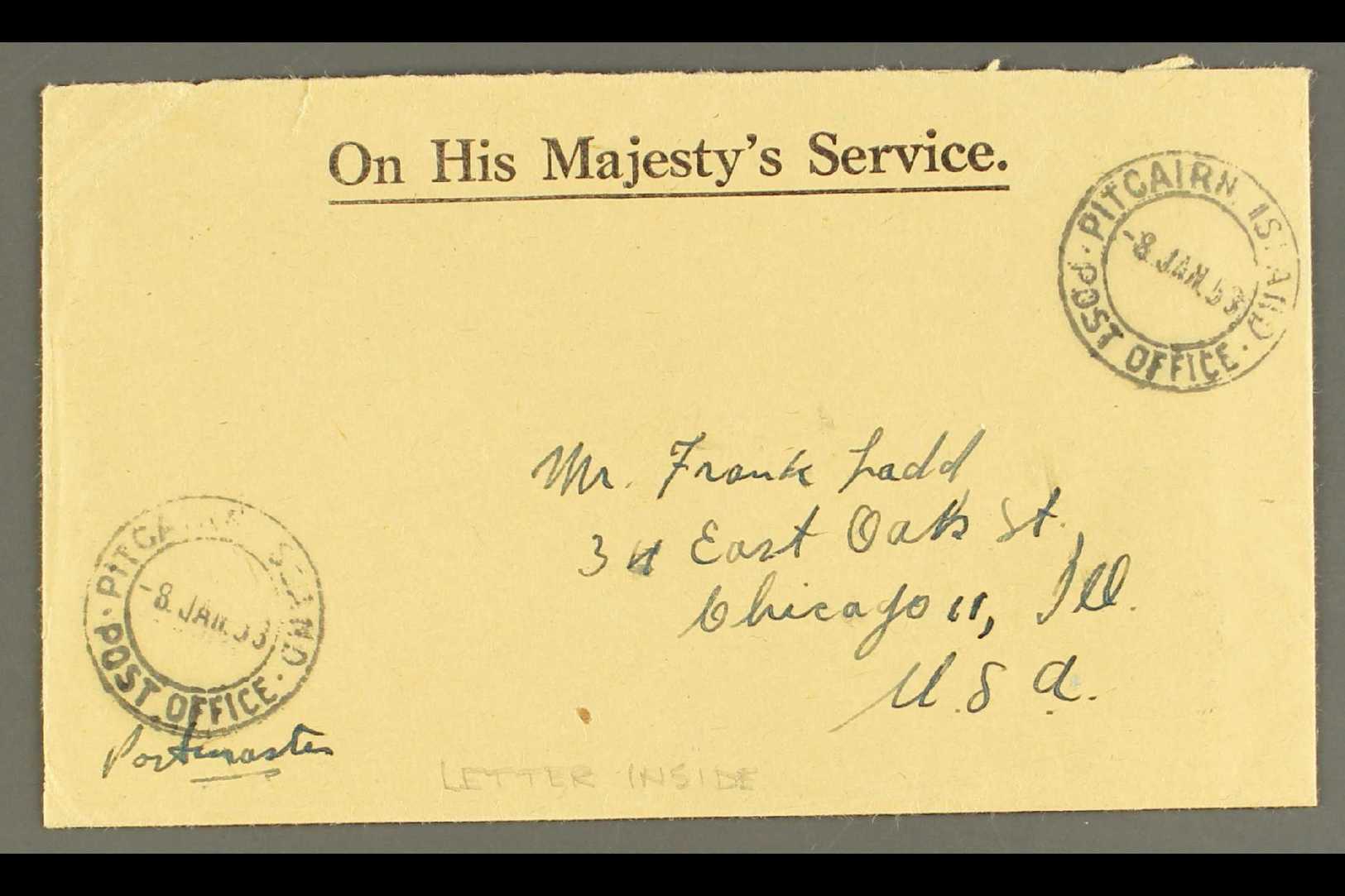7378 1953 (8 Jan) Stampless Printed 'OHMS' Envelope To Chicago With Two Fine Strikes Of "Pitcairn Island Post Office" Cd - Pitcairn Islands