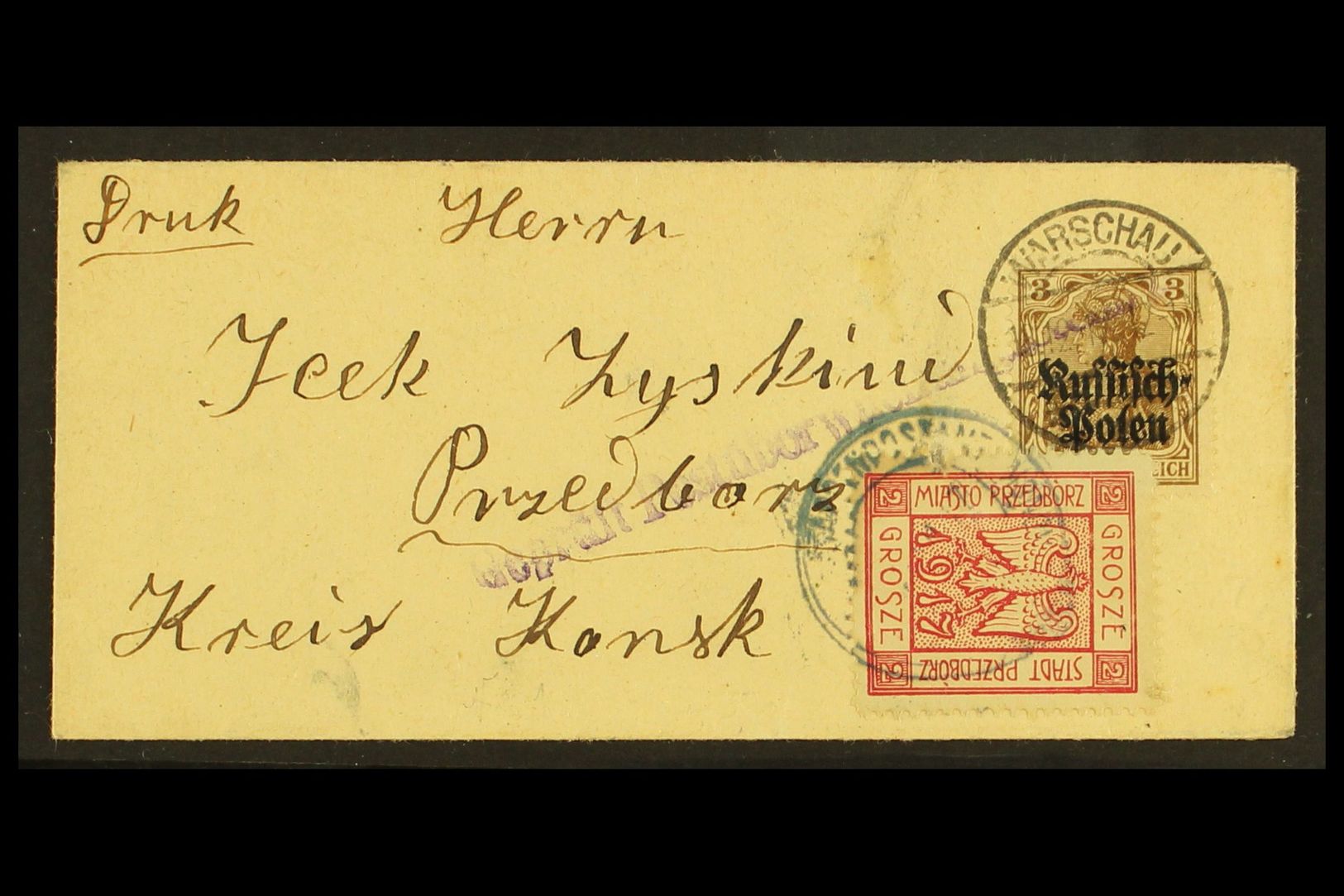 7390 LOCAL TOWN POST PRZEDBORZ 1917 (18 Dec) Censored Printed Matter Cover Bearing Russian Poland 3pf Stamp Tied By "War - Other & Unclassified