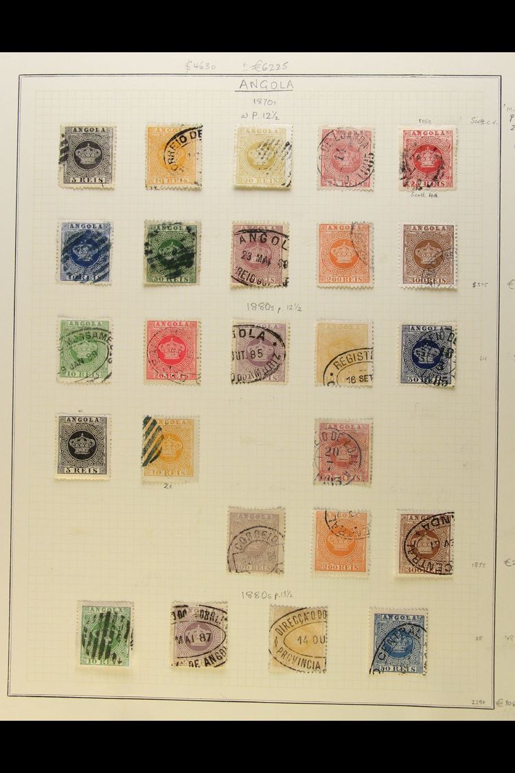 7416 ANGOLA 1870-1905 ALL DIFFERENT USED COLLECTION On Album Pages. Includes 1870 25r, 1875-77 Range With Perf 12½ All V - Other & Unclassified