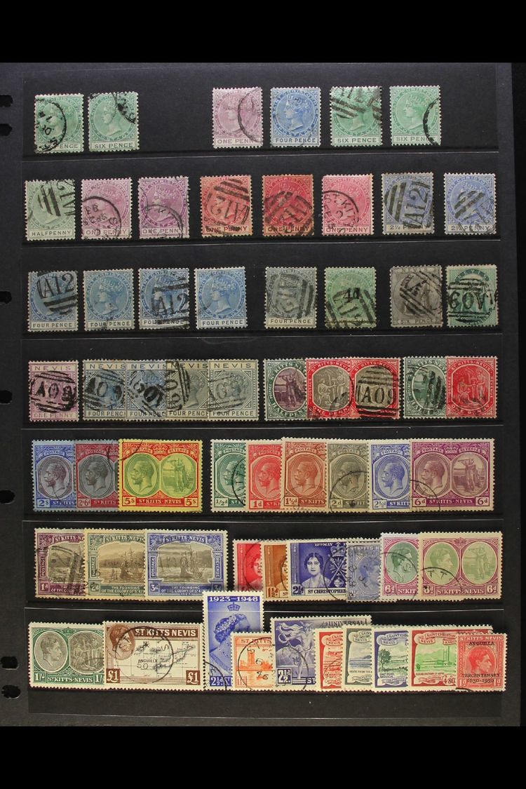 7495 1870-1951 USED SELECTION CAT £850+ Crammed Onto A Stock Page. Includes St Christopher 1870 CC Wmk Range To 6d's Bot - St.Kitts And Nevis ( 1983-...)