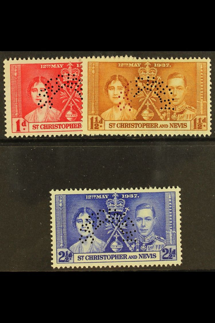 7499 1937 Coronation Set Complete Perforated "Specimen", SG 65s/7s, Very Fine Mint Og. (3 Stamps) For More Images, Pleas - St.Kitts And Nevis ( 1983-...)