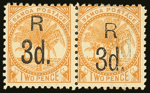 7533 1895 3d On 2d Yellow, Perf 11 PAIR WITH DOUBLE SURCHARGE ERROR On One Stamp, SG 76a Variety / Odenweller OB3fR1(z), - Samoa