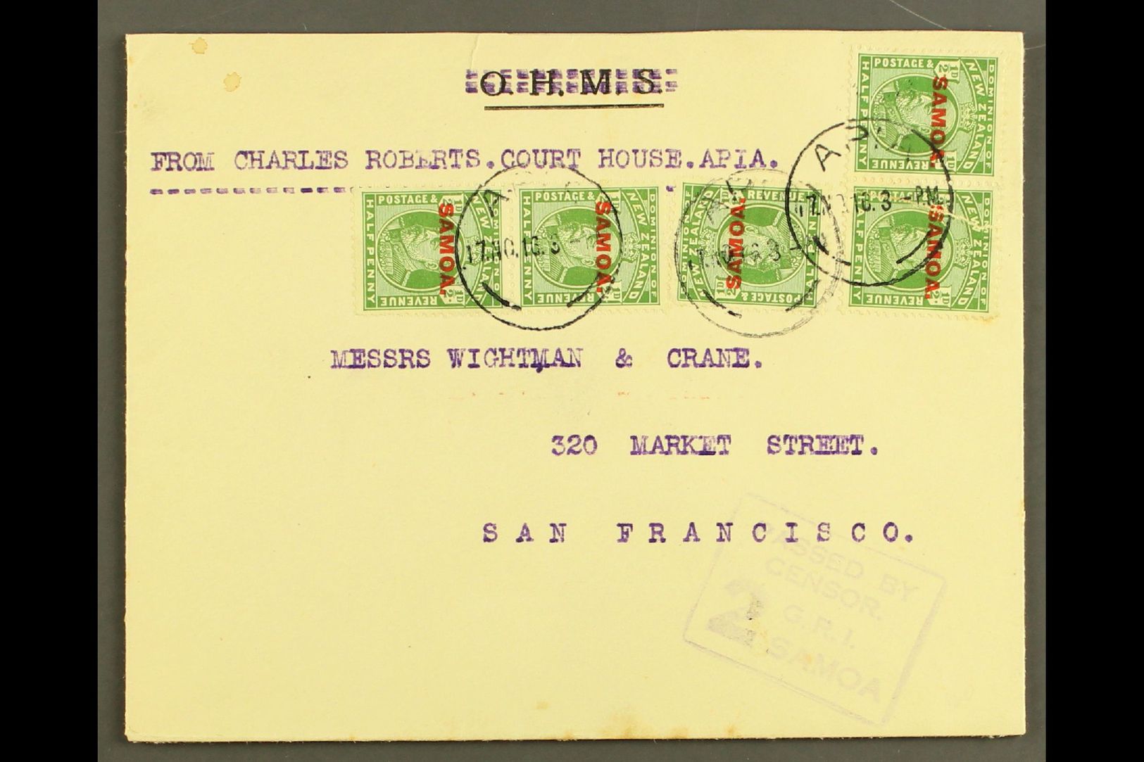 7542 1916 Official Cover With "O.H.M.S." Obliterated To USA, Franked ½d X5, SG 115, Apia 17.11.16 Postmarks, Censor "2" - Samoa