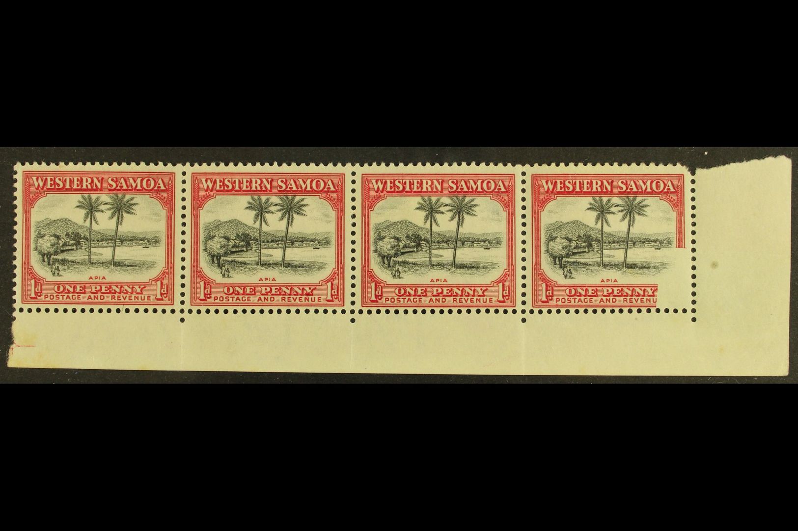 7554 1935 Definitive 1d Black And Carmine, SG 181, Fine Mint Corner Marginal Strip Of Four, The Corner Stamp (never Hing - Samoa