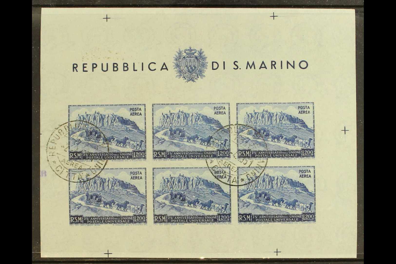 7565 1951 200L Blue AIR UPU, Imperf Miniature Sheet, Sassone 11, Used, Small Imperfections. Cat &euro;400 (£300) For Mor - Other & Unclassified