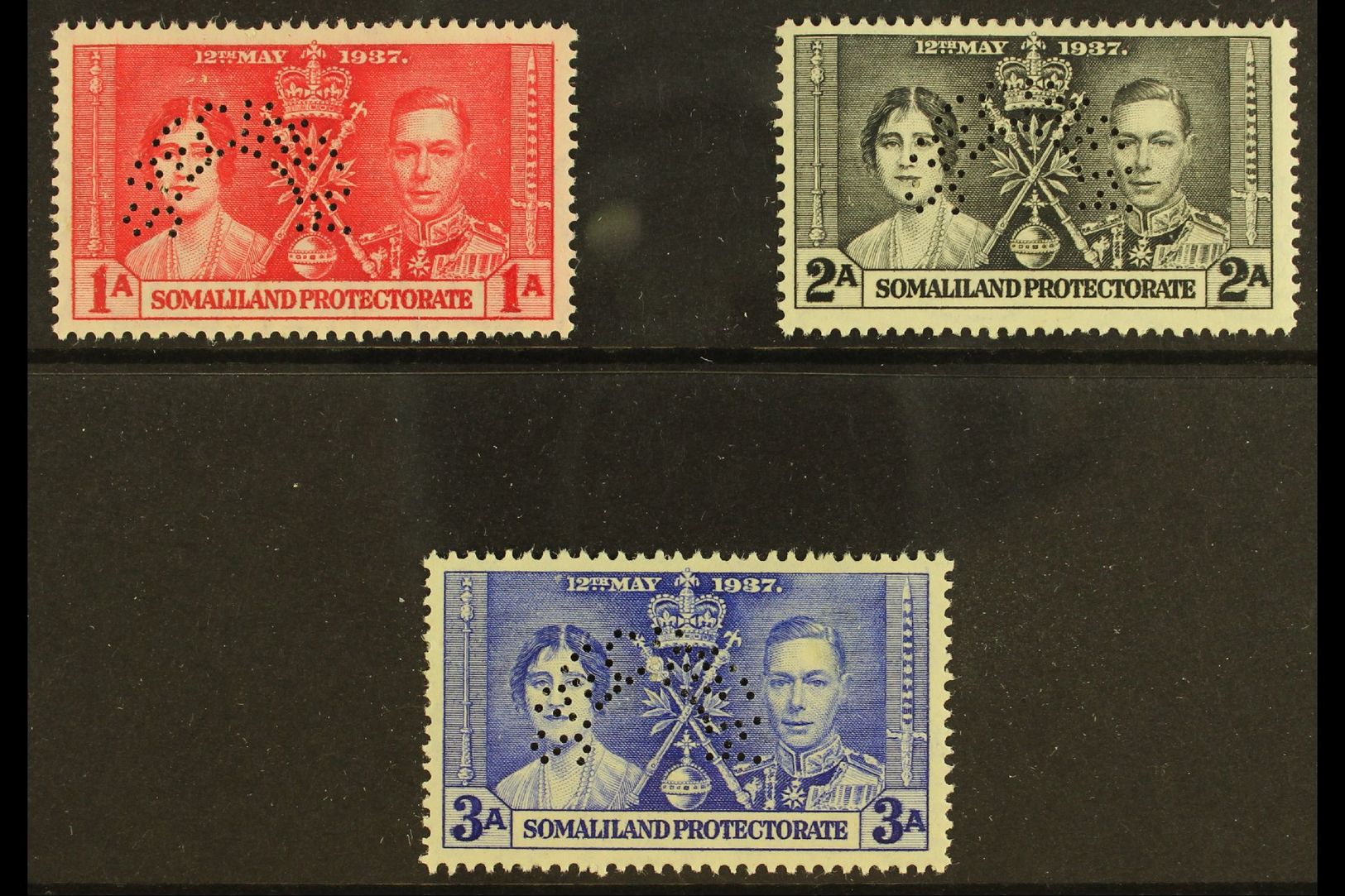 7624 1937 Coronation Set Complete, Perforated "Specimen", SG 90s/92s. Very Fine Mint Part Og. (3 Stamps) For More Images - Somaliland (Protectorate ...-1959)