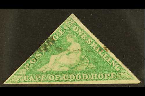 7683 CAPE OF GOOD HOPE 1863-64 1s Bright Emerald Green, SG 21, Lightly Used, Margins Just Touch At One Point.  For More - Unclassified