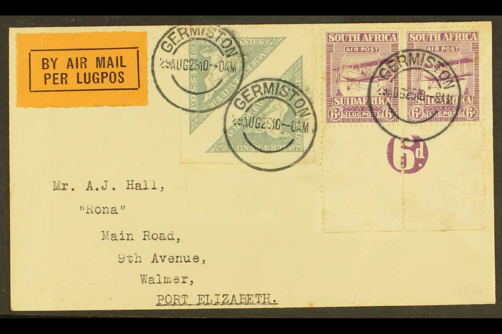 7762 1929 (29 Aug) Airmailed Cover To Port Elizabeth, Franked With 1926 4d Triangle Pair & 1925 6d Airmail Numeral Margi - Unclassified