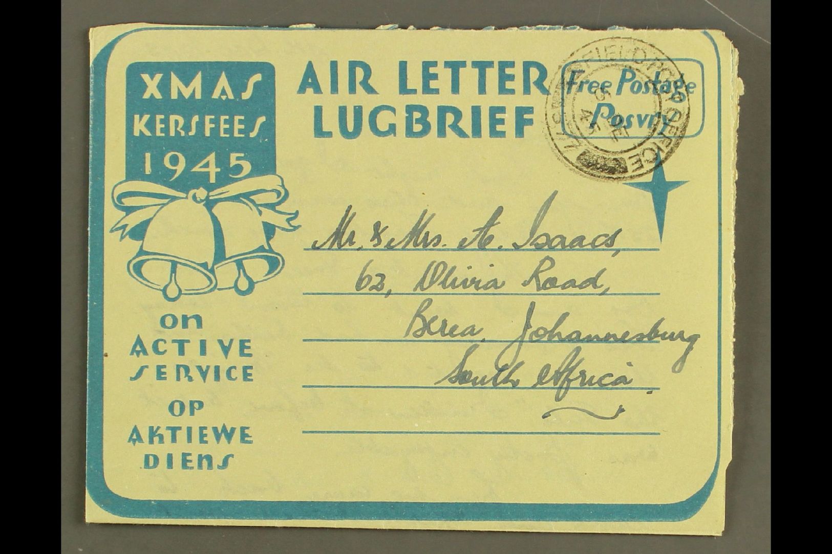 7787 AEROGRAMME 1945 "Greetings From The North" Christmas Air Letter, Inscribed "Free Postage" For Serving Troops, 1979 - Unclassified