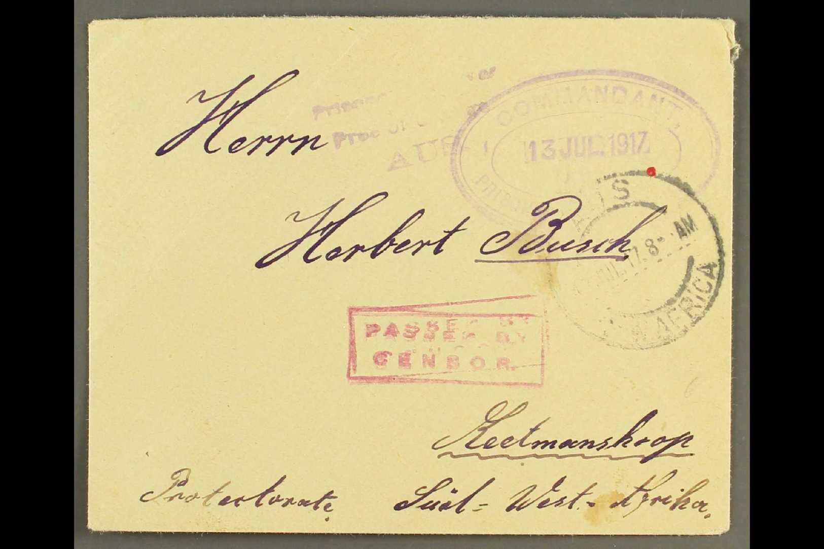 7832 1917 (13 Jul) Stampless POW Cover To Keetmanshoop With "AUS / S.W. AFRICA" Cds Postmark, Putzel Type 3, Plus Violet - South West Africa (1923-1990)