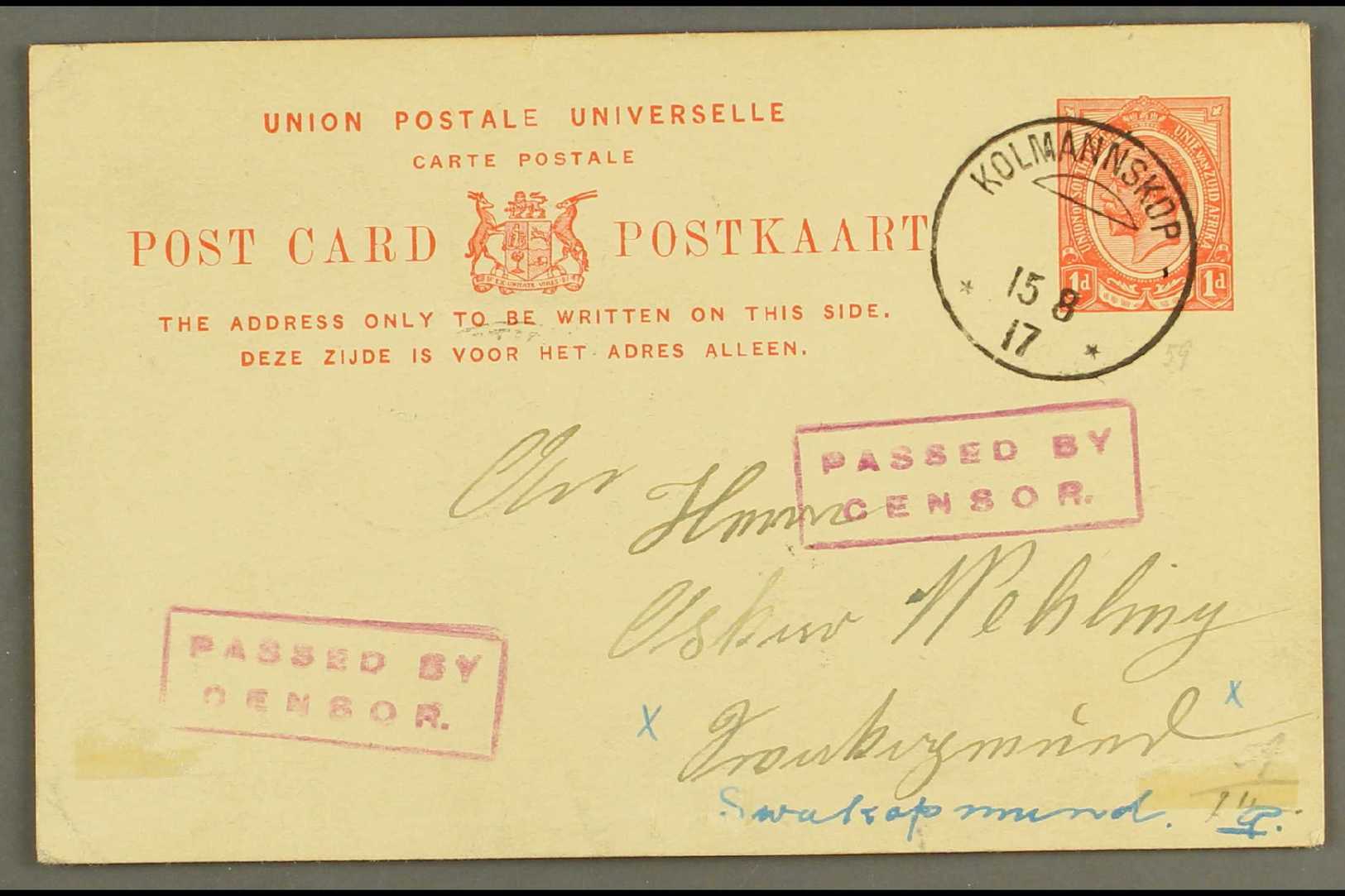 7833 1917 (15 Aug) 1d Union Postal Card To Swakopmund Cancelled Very Fine "KOLMANNSKOP" Cds (Putzel Type B3) With Two Vi - South West Africa (1923-1990)