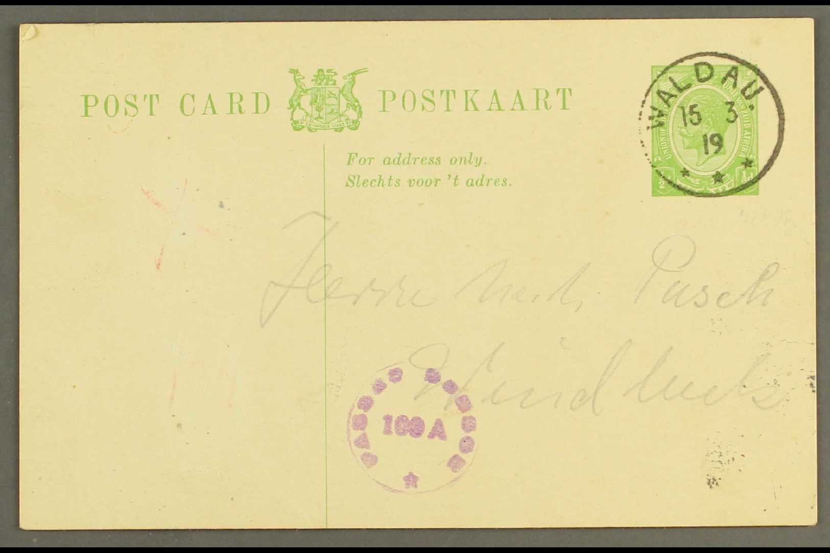 7842 1919 (15 Mar) ½d Union Postal Card To Windhuk Showing Very Fine "WALDAU" Converted German Canceller, Putzel Type B4 - South West Africa (1923-1990)