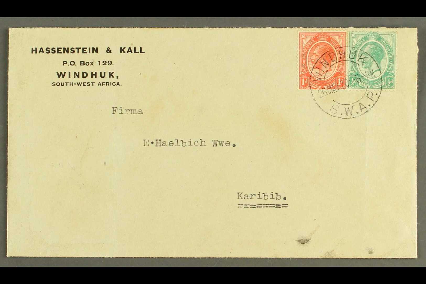 7843 1920 (26 May) Printed Env To Karibib Bearing ½d And 1d Union Stamps Tied By A Superb "WINDHUK S.W.A.P." Cds Cancel, - South West Africa (1923-1990)