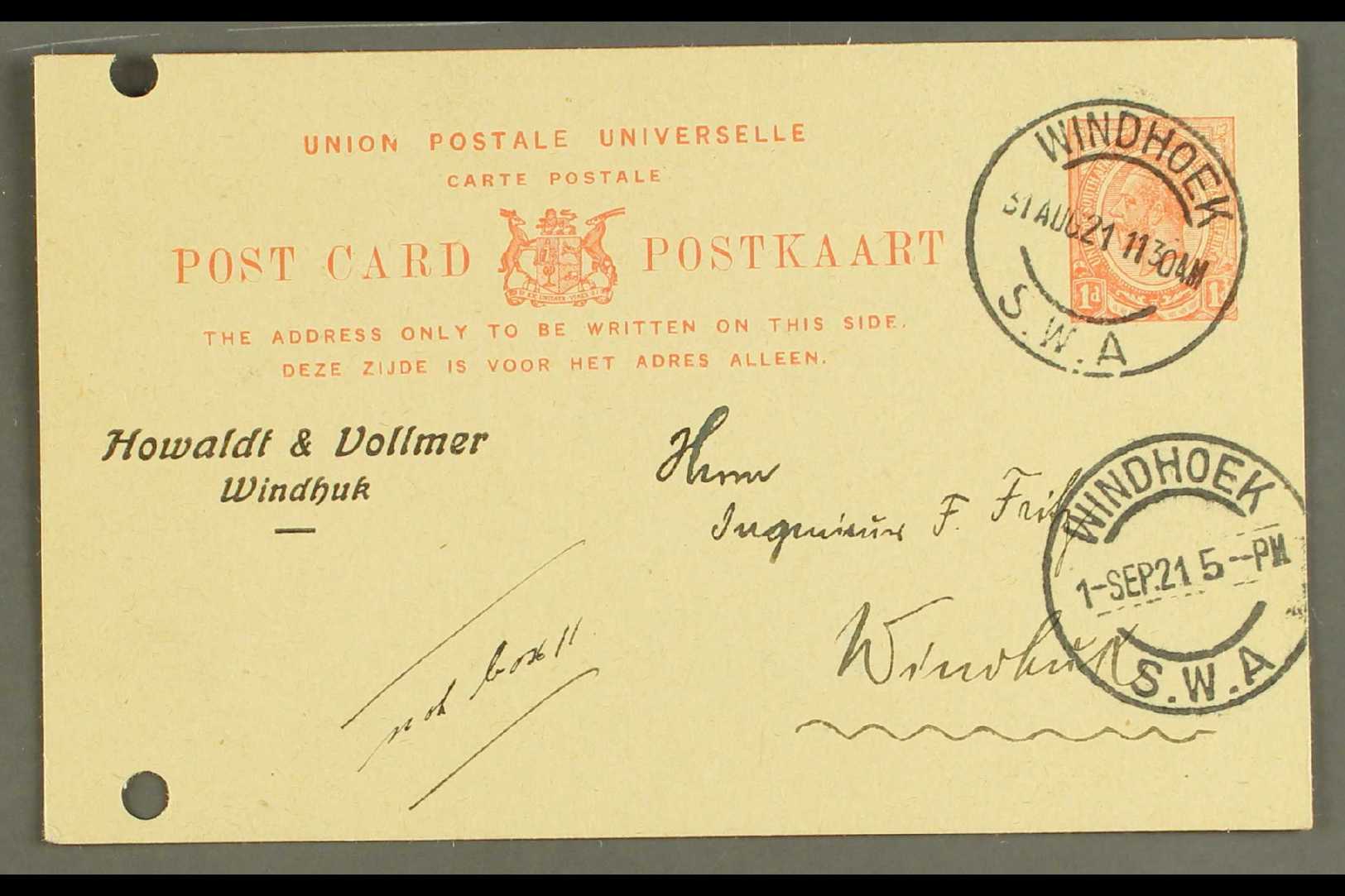 7845 1921 (31 Aug) 1d Union Postal Card To Windhuk Cancelled By Very Fine "WINDHOEK" Cds, Putzel Type 19, With Additiona - South West Africa (1923-1990)