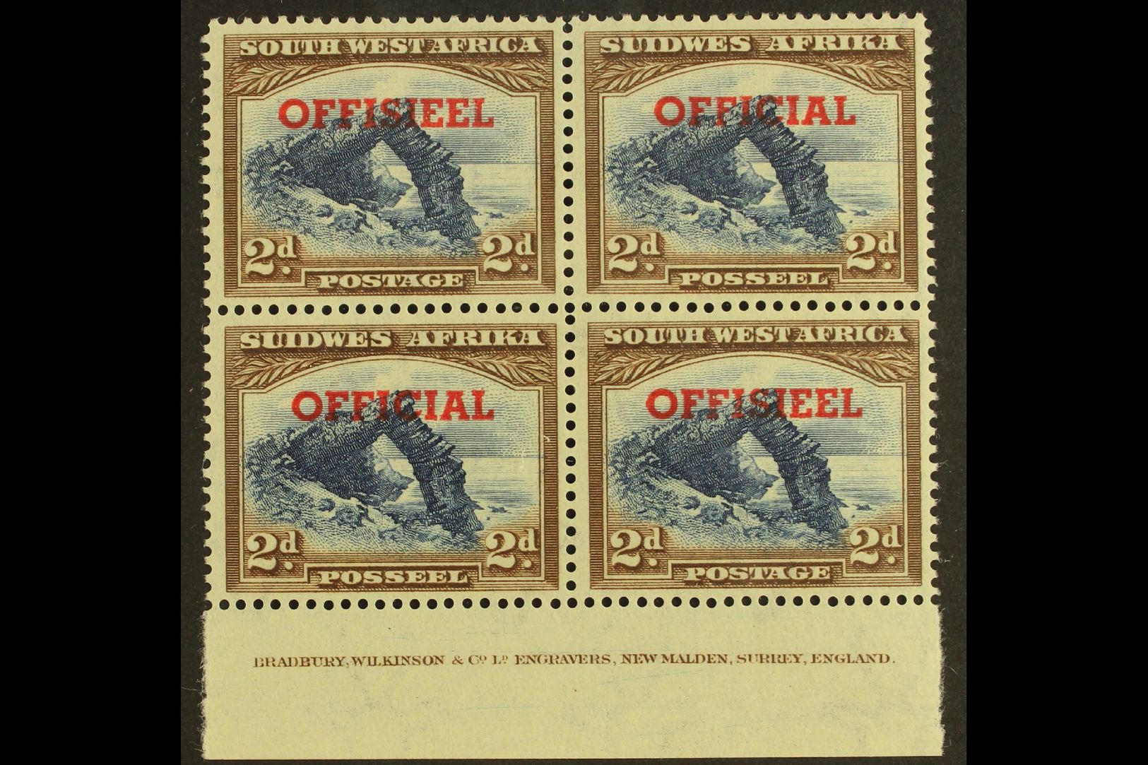 7852 OFFICIAL 1951-2 2d TRANSPOSED OVERPRINTS In An Imprint Block Of Four, SG O26a, Top Pair Lightly Hinged, Lower Pair - South West Africa (1923-1990)