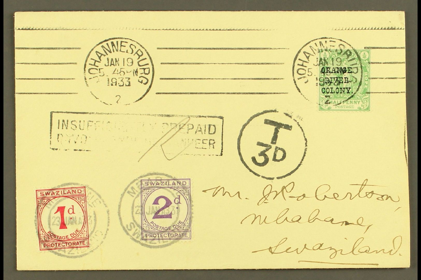 7922 1933 POSTAGE DUE FIRST DAY COVER. 1933 (19 January) A Delightful And Highly Attractive Envelope Bearing Orange Rive - Swaziland (...-1967)