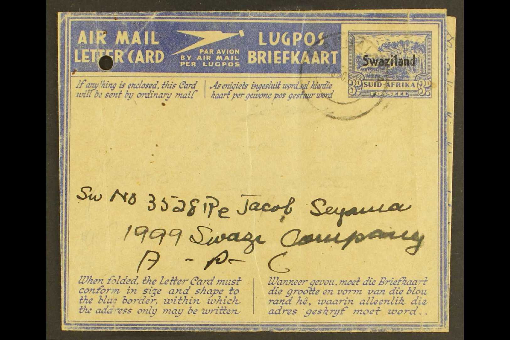 7924 1944 (Dec) 3d Ultramarine On Buff Aerogramme With Black "SWAZILAND" Overprint, H&G FG3, Sent To A Private In The Sw - Swaziland (...-1967)