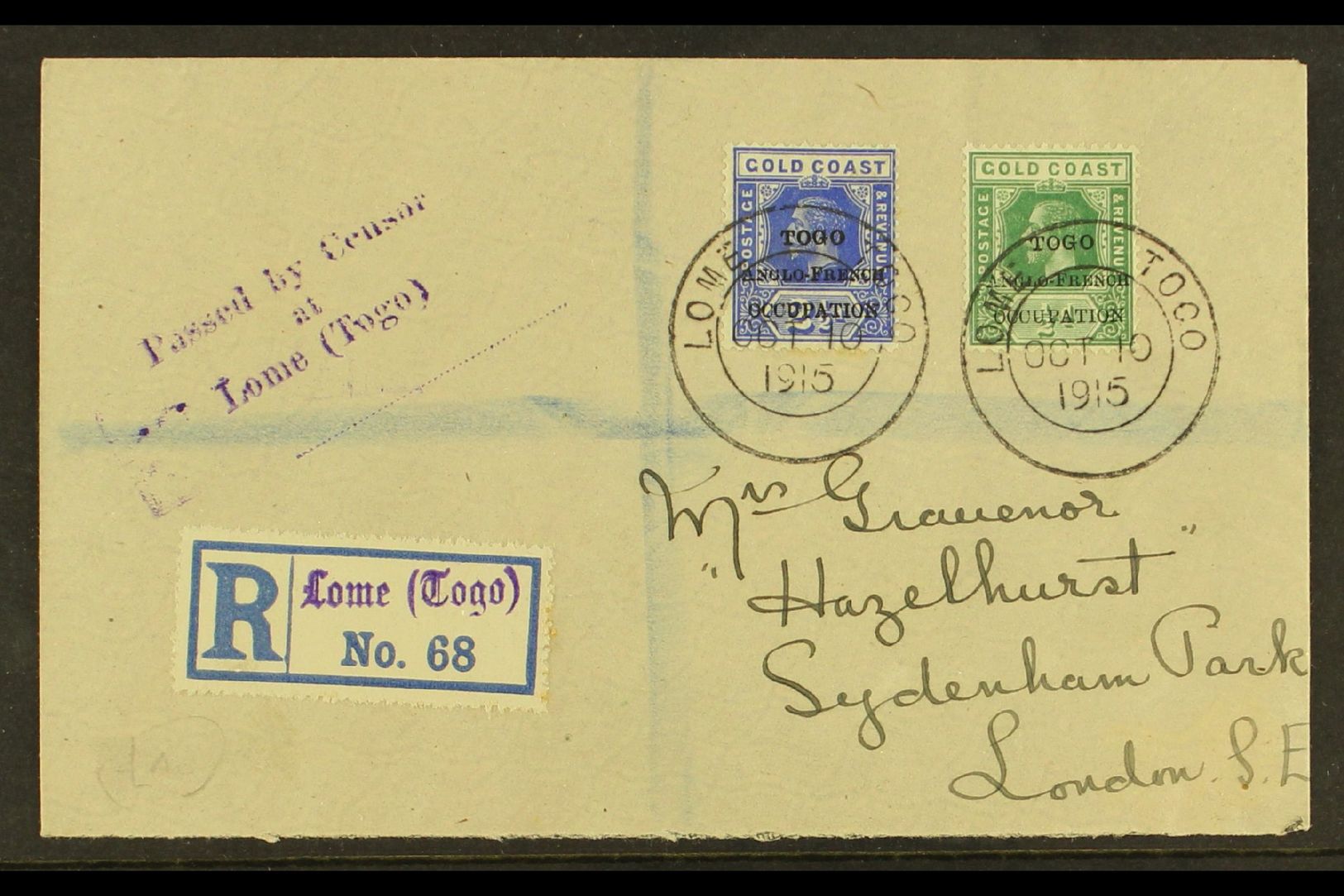 7976 ANGLO-FRENCH OCCUPATION 1915 (10 Oct) Registered Censored Cover To London, Bearing 1915 ½d & 2½d Opts (SG H34 & H37 - Other & Unclassified