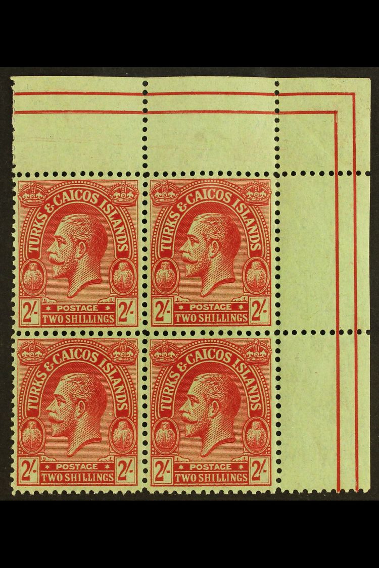 8026 1922-26 2s Red On Emerald Wmk MCA, SG 174, Superb Never Hinged Mint Top Right Corner BLOCK Of 4, Very Fresh. (4 Sta - Turks And Caicos