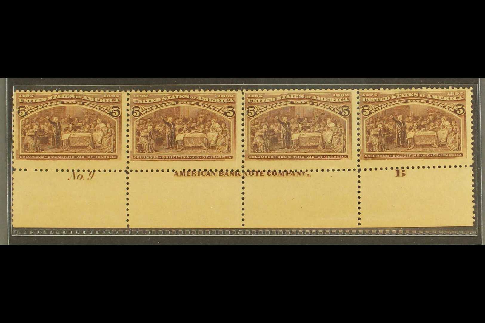 8055 1893 5c Chocolate, "Columbus Soliciting Aid", Sc 234, Fine NHM Bottom Plate Number Marginal Strip Of 4 With ABN Ins - Other & Unclassified