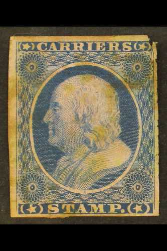 8069 CARRIERS' STAMPS GENERAL ISSUE 1851 1c Dull Blue On Rose, Imperforate, Scott LO1, Used With Red Cancel, Thinned At - Other & Unclassified