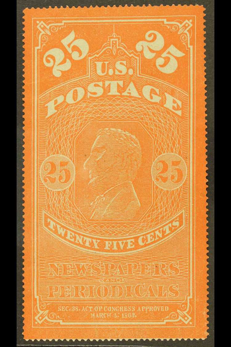 8072 NEWSPAPER AND PERIODICAL 1865 25c Orange-red On Thin Hard Paper, Scott PR3, Fine Unused Without Gum, As Issued. For - Other & Unclassified