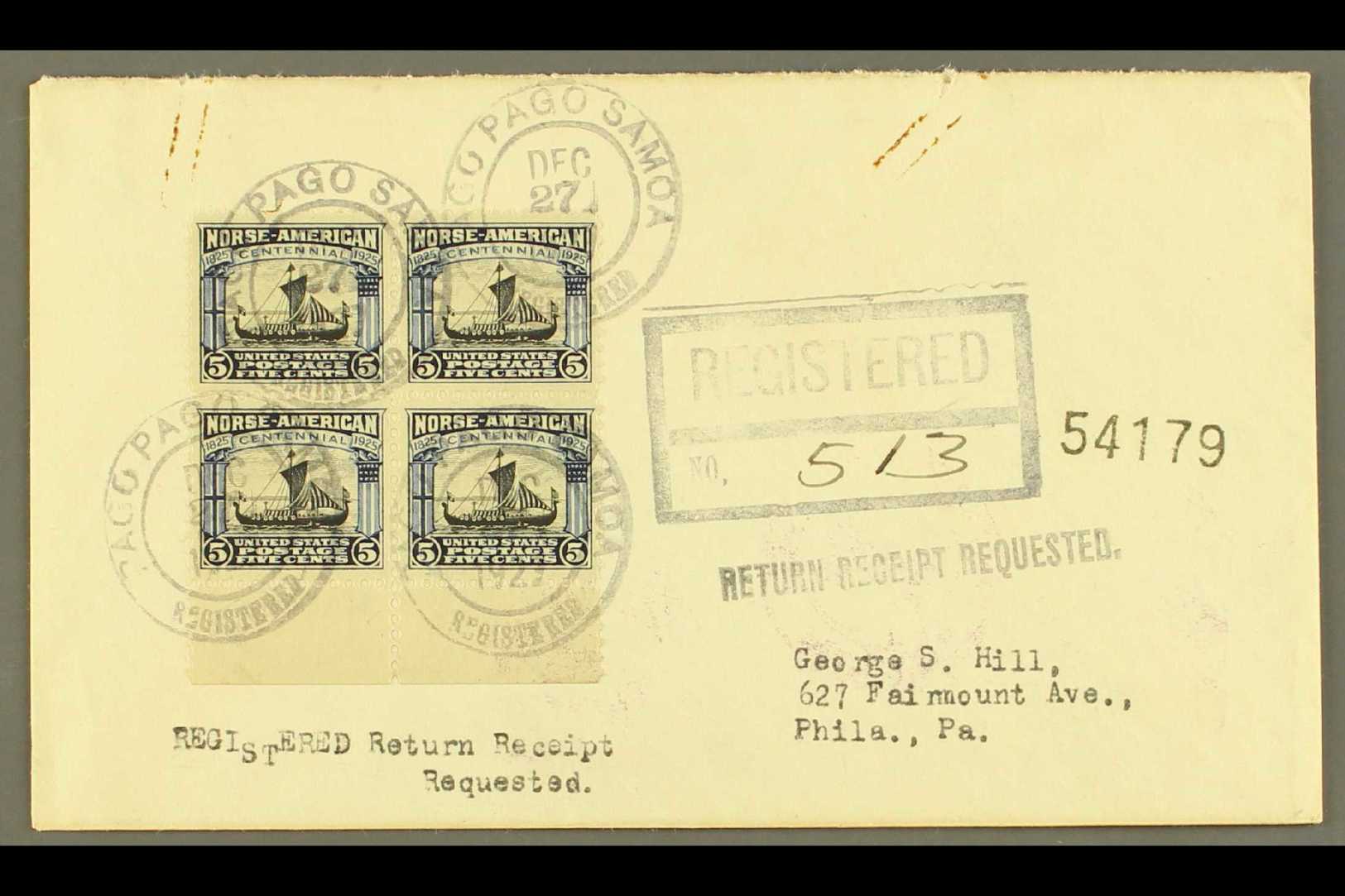 8082 AMERICAN SAMOA 1927 (Dec 27) Registered Cover Franked With 5c Norse-American In A Lower Marginal BLOCK OF FOUR, Var - Other & Unclassified