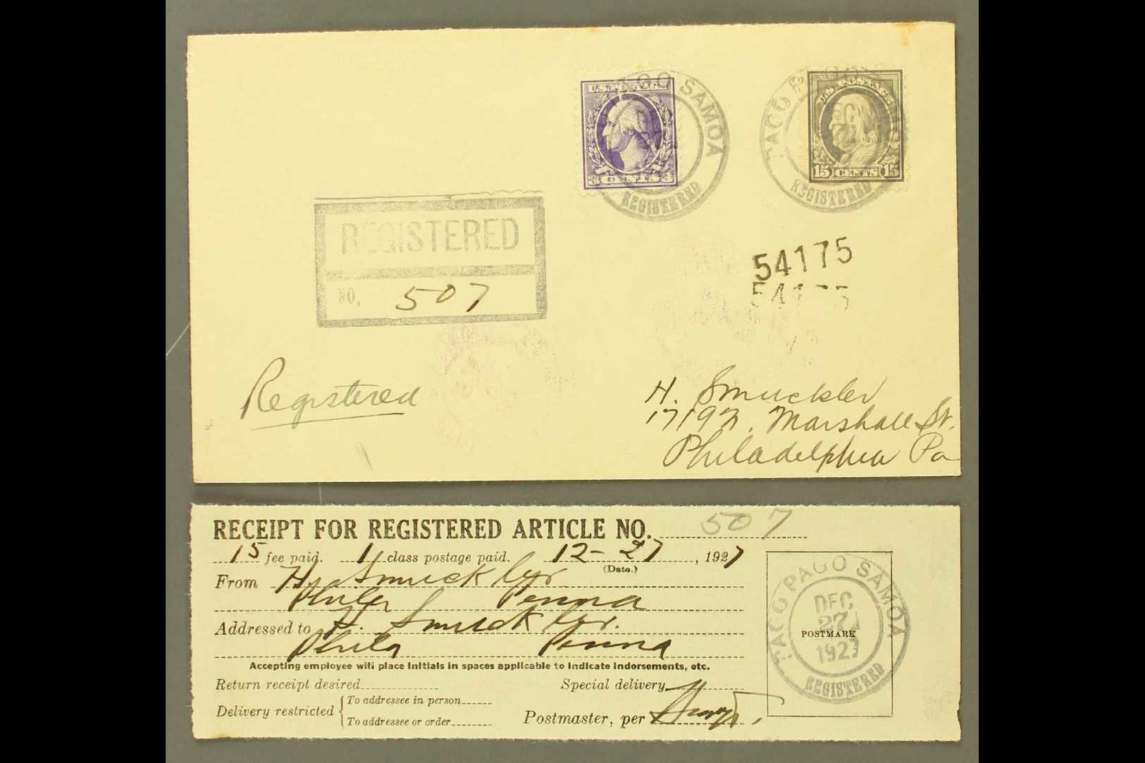 8083 AMERICAN SAMOA 1927 (Dec 27) Registered Cover Franked With 3c Washington & 15c Franklin, Postmarked Pago Pago, Addr - Other & Unclassified