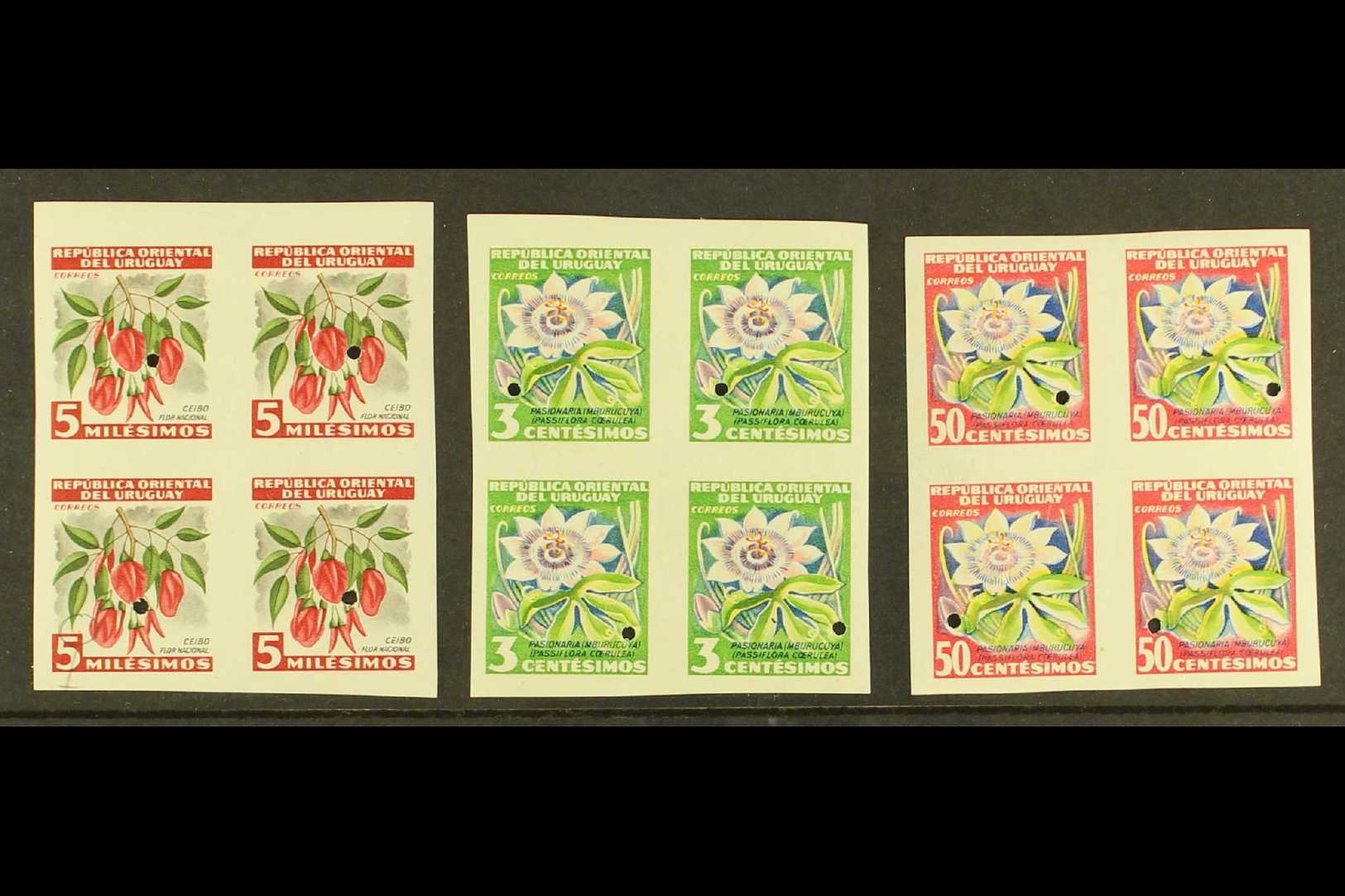 8090 WATERLOW IMPERF PROOFS 1954 Flowers Definitives With 5m Ceibo (National Flower), SG 1028, 3c Passion Flower, SG 103 - Uruguay