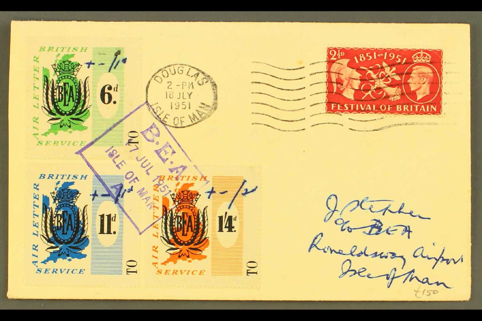 8160 1951 B.E.A. AIR LETTER LOCAL SURCHARGES 1951 (17 July) Cover Bearing B.E.A. 6d, 11d And 1s4d Labels With Manuscript - Other & Unclassified