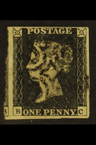 8174 1840 1d Black, Lettered "BC", Plate 2, With Four Margins, Showing Portion Of Adjoining Stamp At Left, Light Black M - Unclassified