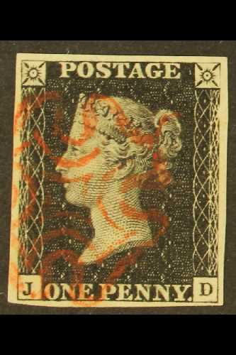 8187 1840 1d Black 'JD' Plate 5, SG 2, Very Fine Used With 4 Margins And Lovely Delicate Red Maltese Cross Cancel. Very - Unclassified