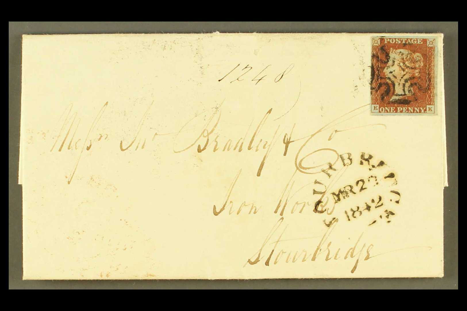 8208 1841 "BLACK PLATE" ON COVER. 1842 (19 Mar) EL From Manchester To Stourbridge Bearing 1841 1d Red-brown 'EK' From Pl - Other & Unclassified
