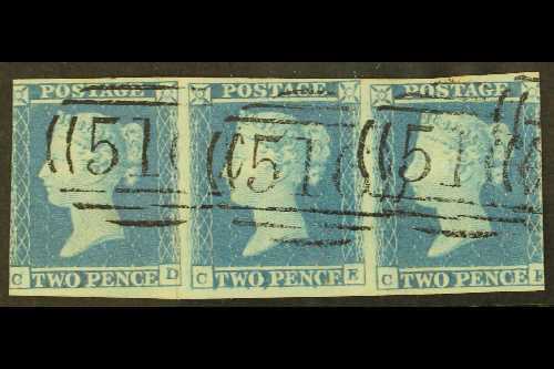8219 1841 2d Blue Plate 4 'CD - CF' STRIP OF THREE, The Center Stamp 'CE' With RE-ENTRY, SG Spec ES14b, Very Fine Used W - Other & Unclassified