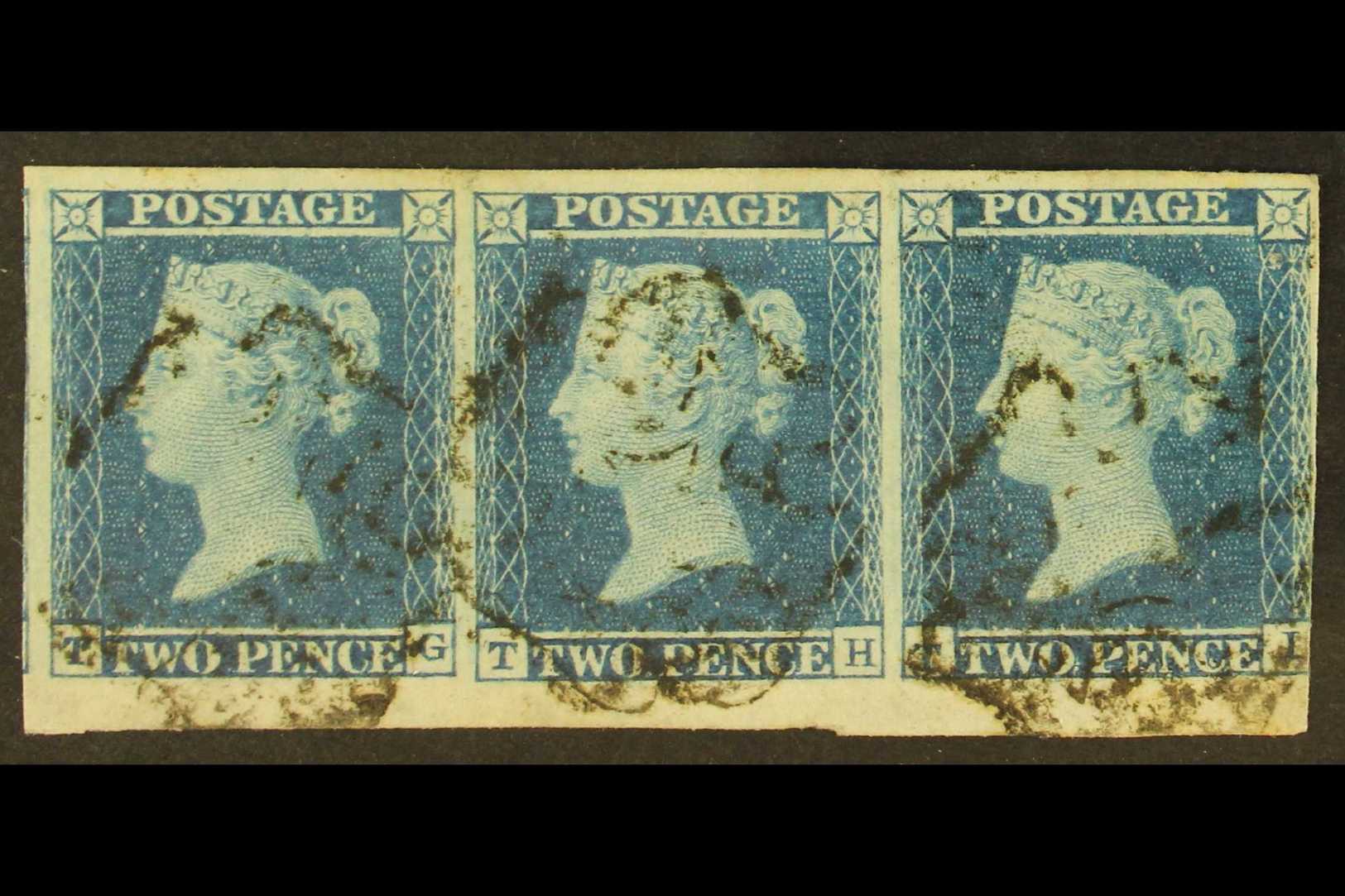 8220 1841 2d Blue, SG 14e, Plate 3, Horizontal Strip Of Three, 'TG' - 'TI', With Large Margins Taking In Portion Of Shee - Other & Unclassified