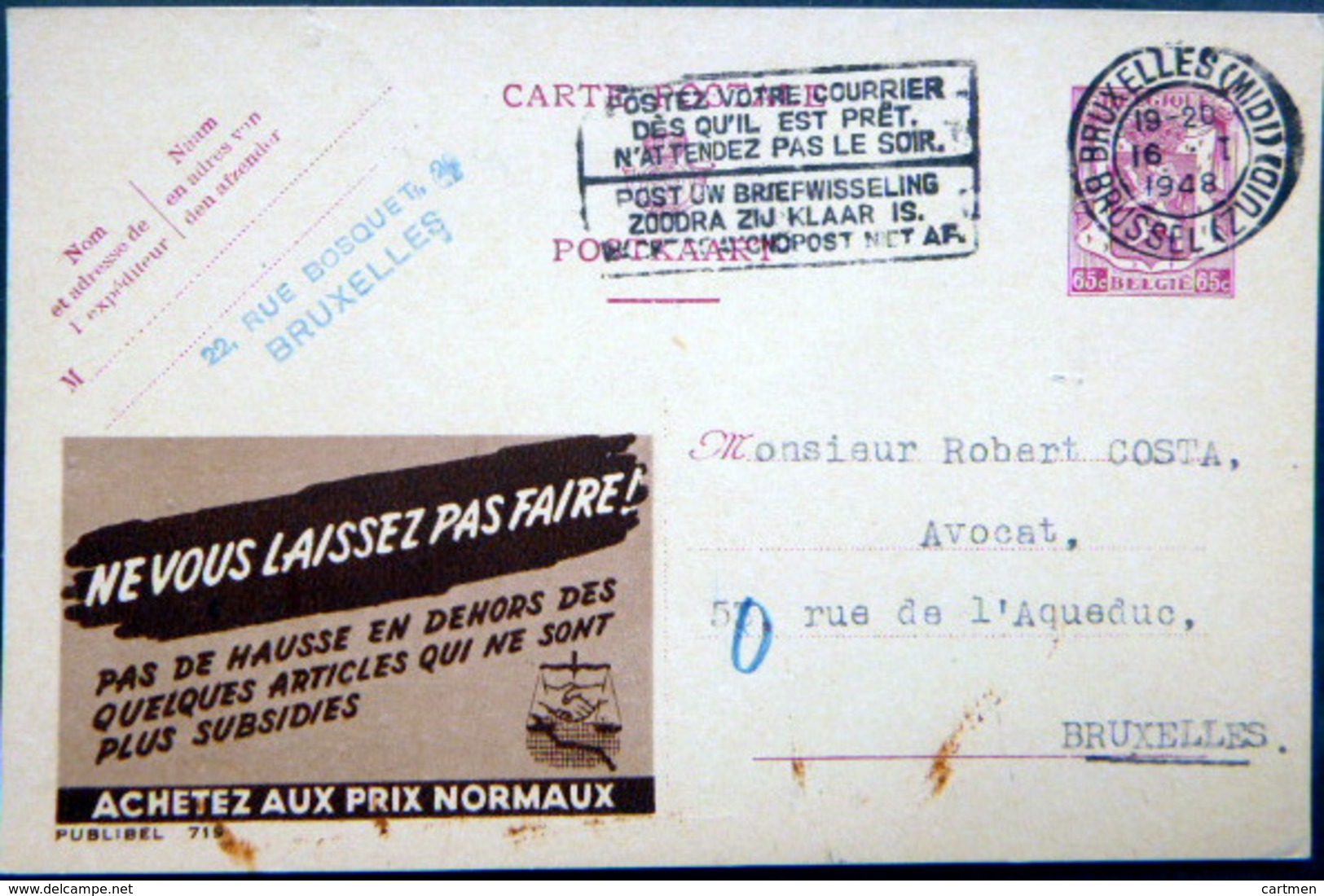 BELGIQUE  CARTE POSTALE PUBLICITAIRE ILLUSTREE ACHETEZ AUX PRIX NORMAUX  ENTIER POSTAL 1948 CACHETS ET FLAMME - Collections & Lots