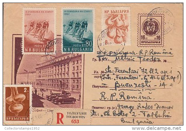 64883- SOFIA STREET VIEW, CARS, REGISTERED COVER STATIONERY, CYCLING, ONION, PEARS STAMPS, 1960, BULGARIA - Briefe
