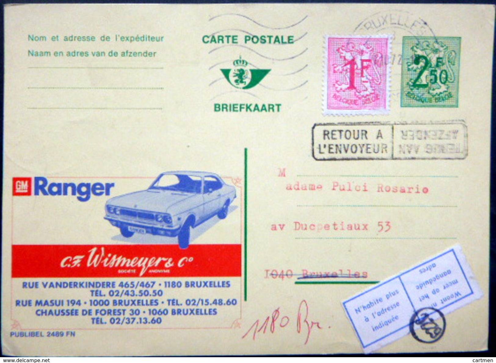 BELGIQUE  CARTE POSTALE PUBLICITAIRE ILLUSTREE RETOUR A ENVOYEUR  AUTOMOBILE RANGER ENTIER POSTAL 1972 CACHETS ET FLAMME - Collections & Lots