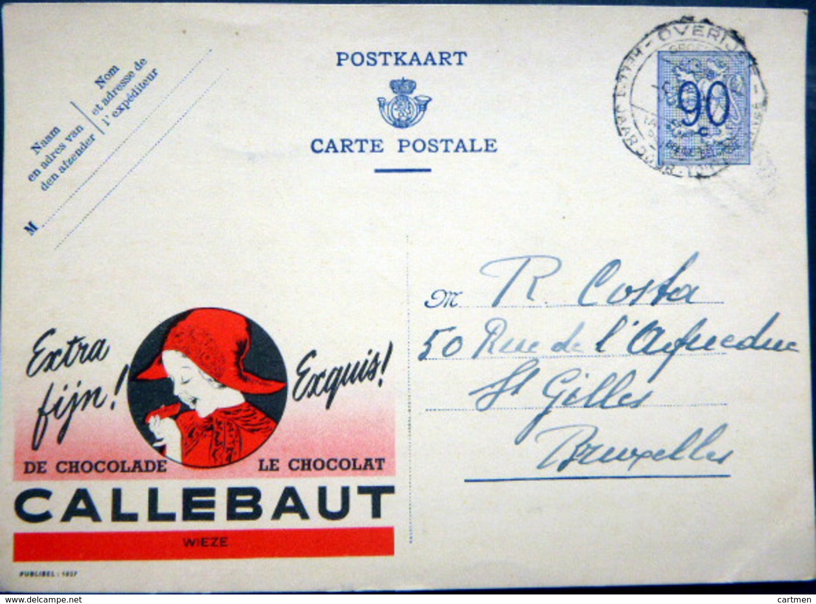 BELGIQUE  CARTE POSTALE PUBLICITAIRE ILLUSTREE CHOCOLAT CALLEBAUT CACAO ENTIER POSTAL 19..? CACHETS ET FLAMME - Sammlungen & Sammellose